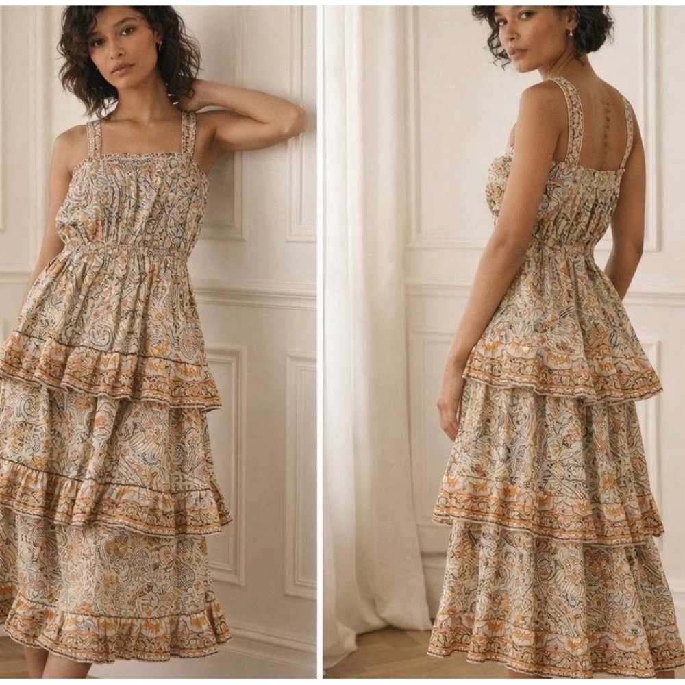 Cleobella Paisley Tiered Maxi Dress Organic Cotton Smocked Boho Tan Blue - L
